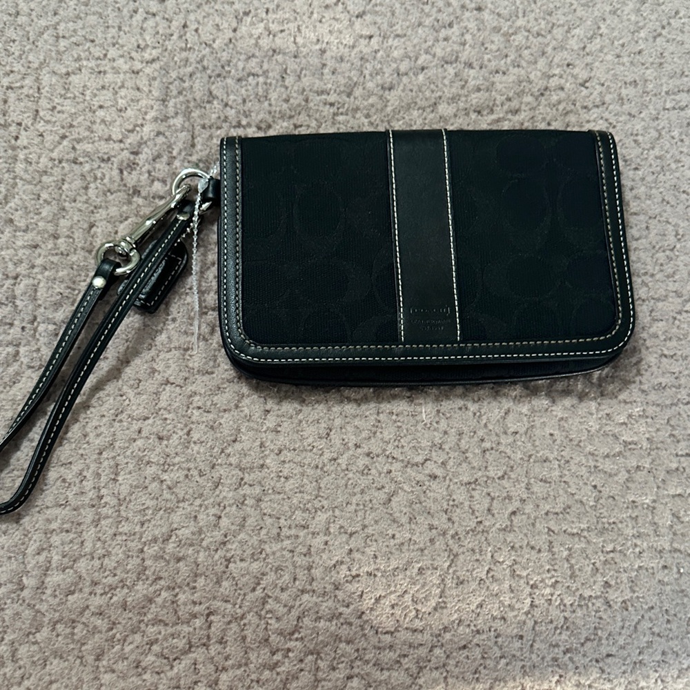 Coach Black Signature Canvas Zip Wristlet with Strap